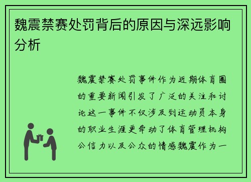 魏震禁赛处罚背后的原因与深远影响分析 魏震禁赛处罚背后的原因与深远影响分析